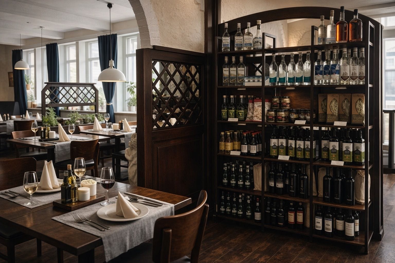 Gastraum mit gedeckten Tischen, daneben das Regal mit Olivenöl, Wein und Feinkost
