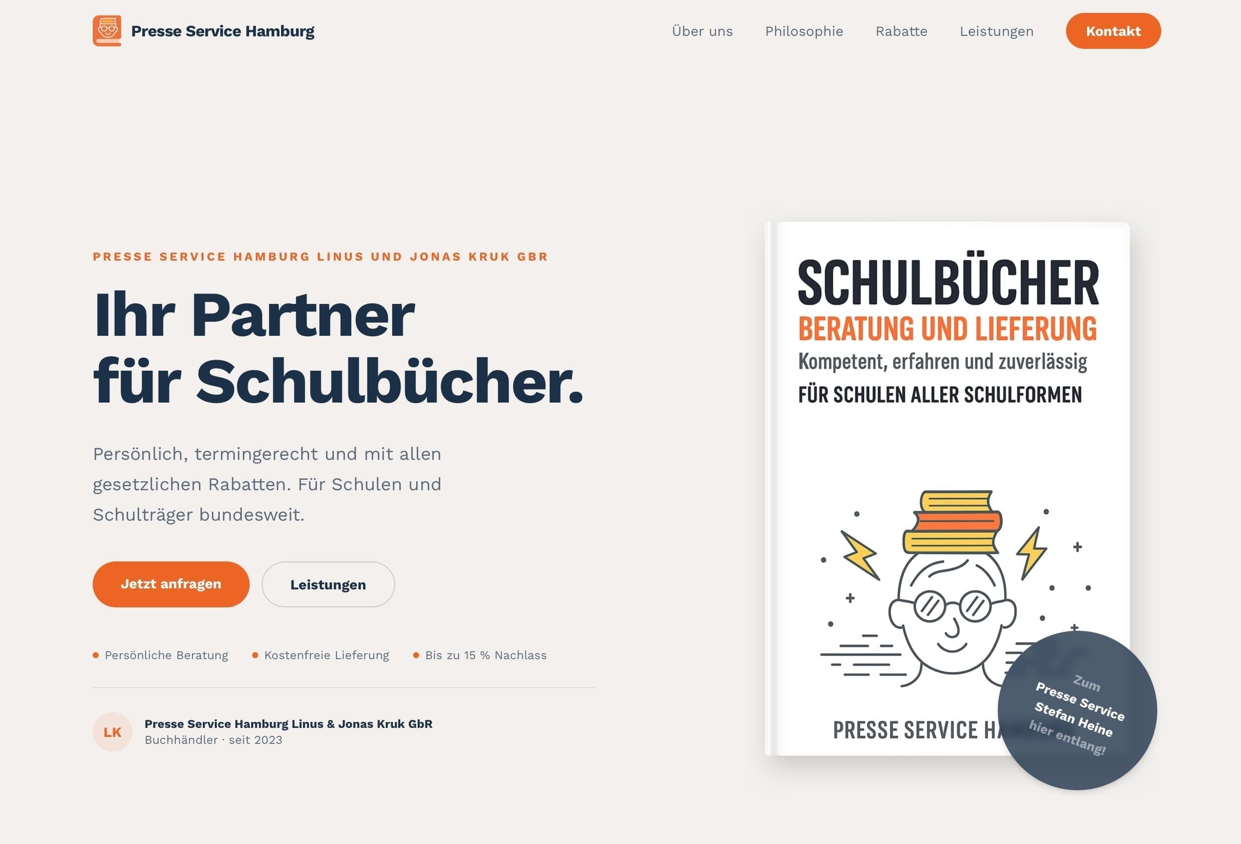 Presse Service Hamburg Website, Startseite mit klarem Leistungsangebot